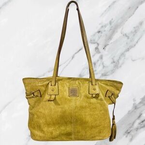 Dooney and Bourke Chartreuse Lime Green Leather Tassel Tote Bag Pink Lining